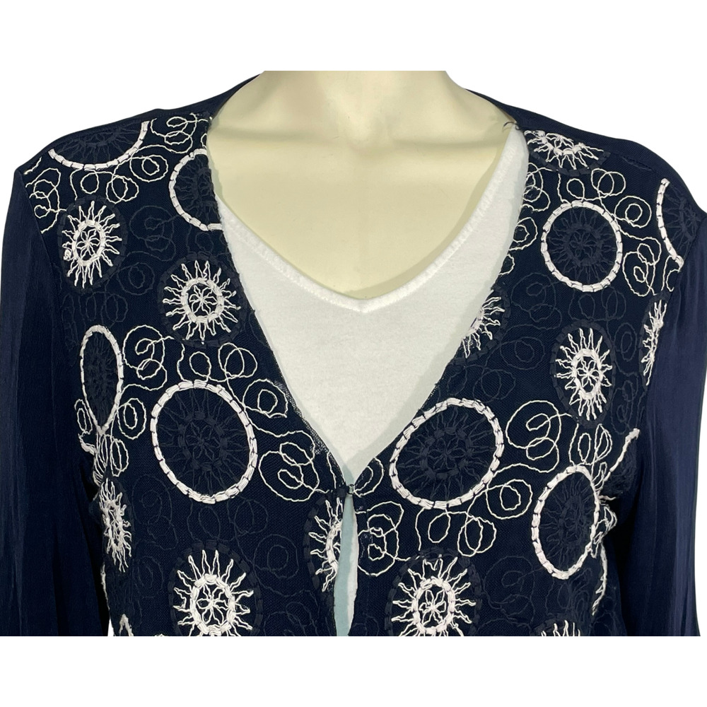 Chico's Travelers Sz 2 L 12-14 Open Cardigan Embroidered Slinky Knit Navy Blue - Picture 5 of 9